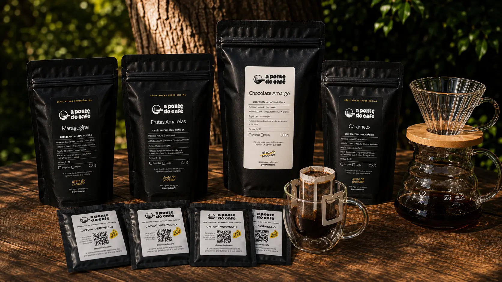 Coleção de cafés A Ponte do Café com embalagens premium, raras e Drip Coffee em cena de catálogo